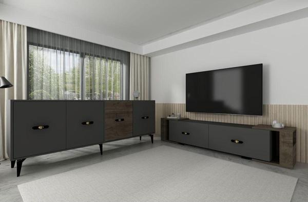 Cantek Dizayn Cherryct 180 Cm Konsol (Kx180) Ve Tv Sehpası 2'Li Salon Takımı Antrasit-Ceviz - Image 1