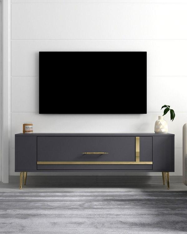 Cantek Dizayn Retrop1Ct Tv Sehpası Antrasit-Altın - Image 1