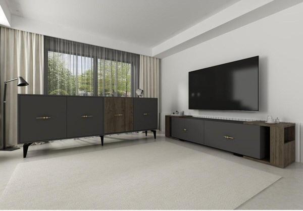 Cantek Dizayn Veryct 180 Cm Konsol (Kx180) Ve Tv Sehpası 2'Li Salon Takımı Antrasit-Ceviz - Image 1