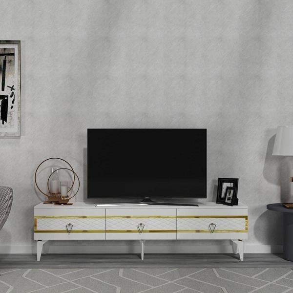Cantek Dizayn İppek 180 Cm Tv Sehpası (Alt Modül) Beyaz-Altın - Image 1