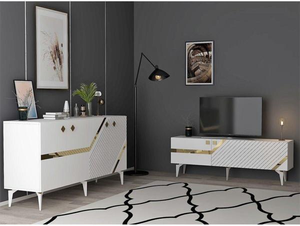 Cantek Dizayn Irris Tv Sehpası Ve Konsol 2'Li Salon Takımı Beyaz-Altın - Image 1
