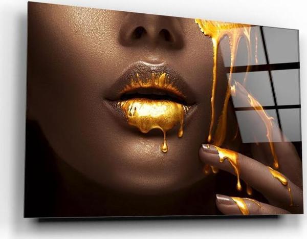 Gold Kadın Dudağı Cam Tablo | Hediyelik, Dekoratif, Ofis, Mutfak  - Image 1
