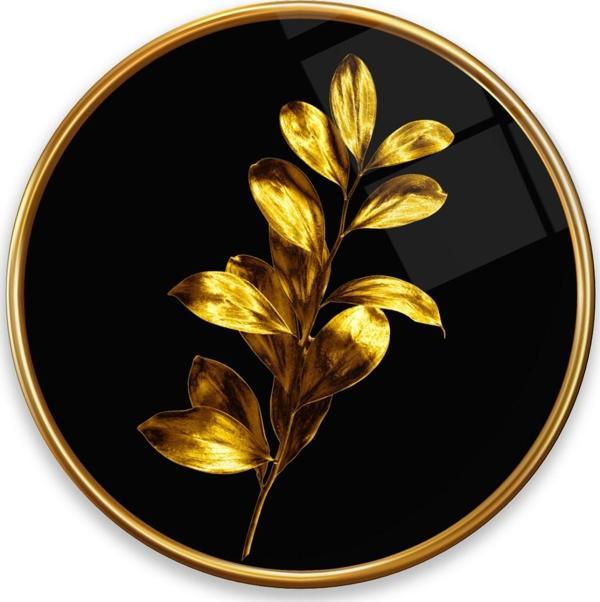 Gold Yapraklar Yuvarlak Cam Tablo | Hediyelik, Dekoratif, Ofis, Mutfak  - Image 1