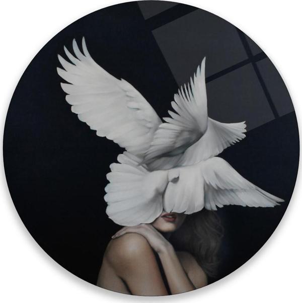 Kadın ve Güvercin Yuvarlak Cam Tablo | Hediyelik, Dekoratif, Ofis, Mutfak  - Image 1