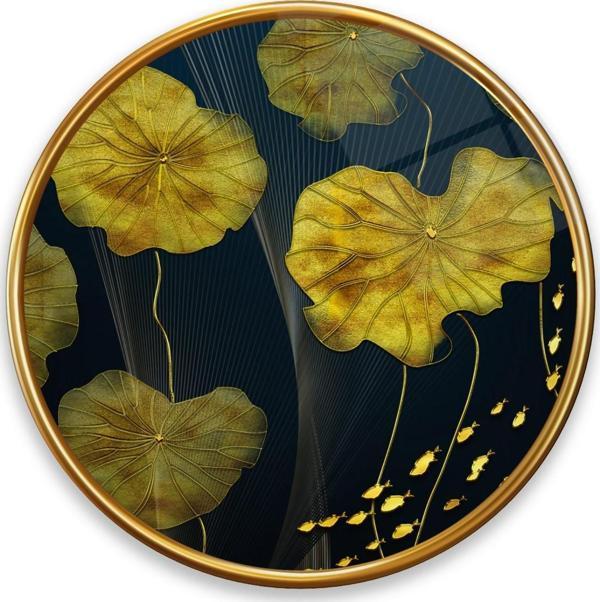 Gold Yapraklar Yuvarlak Cam Tablo | Hediyelik, Dekoratif, Ofis, Mutfak  - Image 1