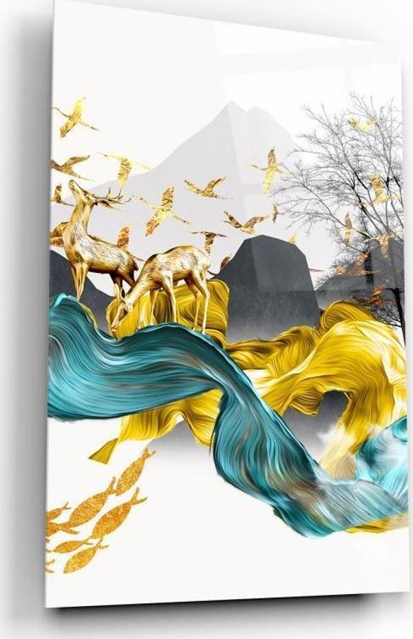 Gold Geyikler Cam Tablo | Hediyelik, Dekoratif, Ofis, Mutfak  - Image 1
