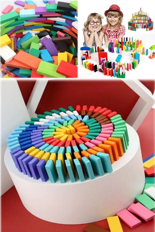 PeriYedi Ahşap Domino Taşları 100 Parça Renkli Eğitici Domino - Image 1