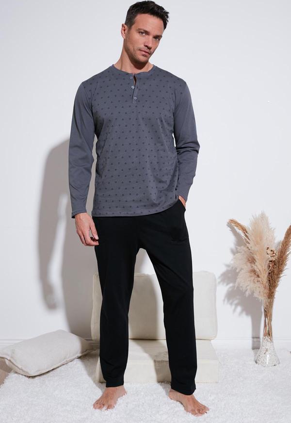 Buratti Pamuklu Beli Lastikli Regular Fit Uzun Kollu Erkek Pijama Takımı 6572008 FÜME - Image 1