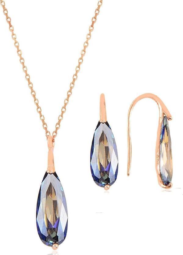 Gümüş rose mavi mistik  taşlı damla kolye ve küpe ikili gümüş set [barcode] - Image 1