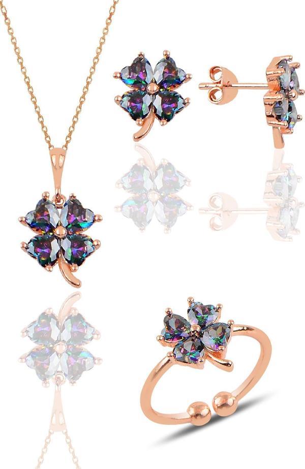 Gümüş rose mistik taşlı yonca kolye küpe ve yüzük üçlü set [barcode] - Image 1