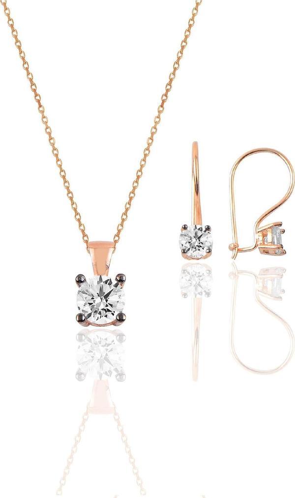 Gümüş rose tek taş  kolye ve çengelli küpe gümüş  set [barcode] - Image 1