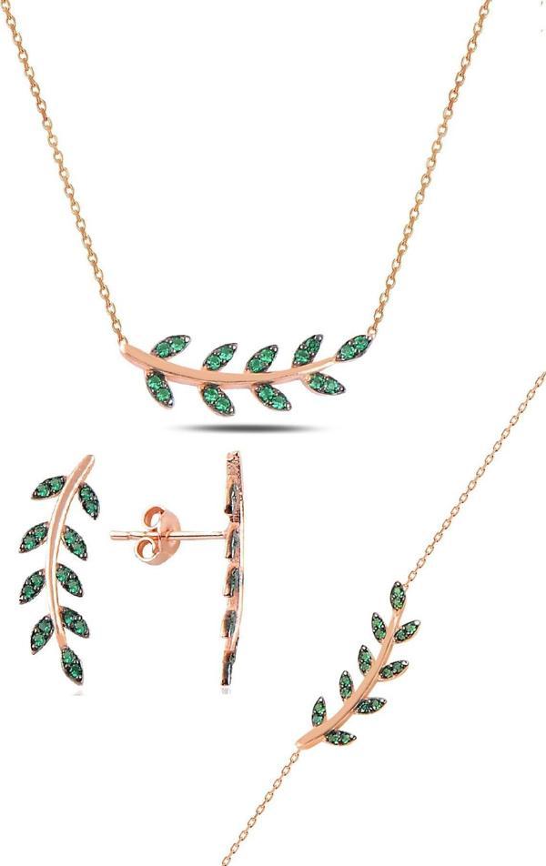 Gümüş rose yeşil  taşlı yaprak  üçlü set [barcode] - Image 1