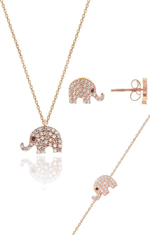Gümüş rose zirkon taşlı fil kolye bileklik ve küpe gümüş üçlü set [barcode] - Image 1