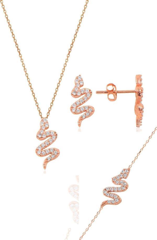 Gümüş rose zirkon taşlı gümüş yılan üçlü set [barcode] - Image 1