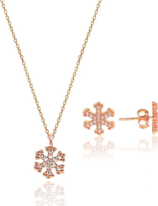 Gümüş rose zirkon taşlı kar tanesi kolye ve küpe gümüş ikili set [barcode] - Image 1