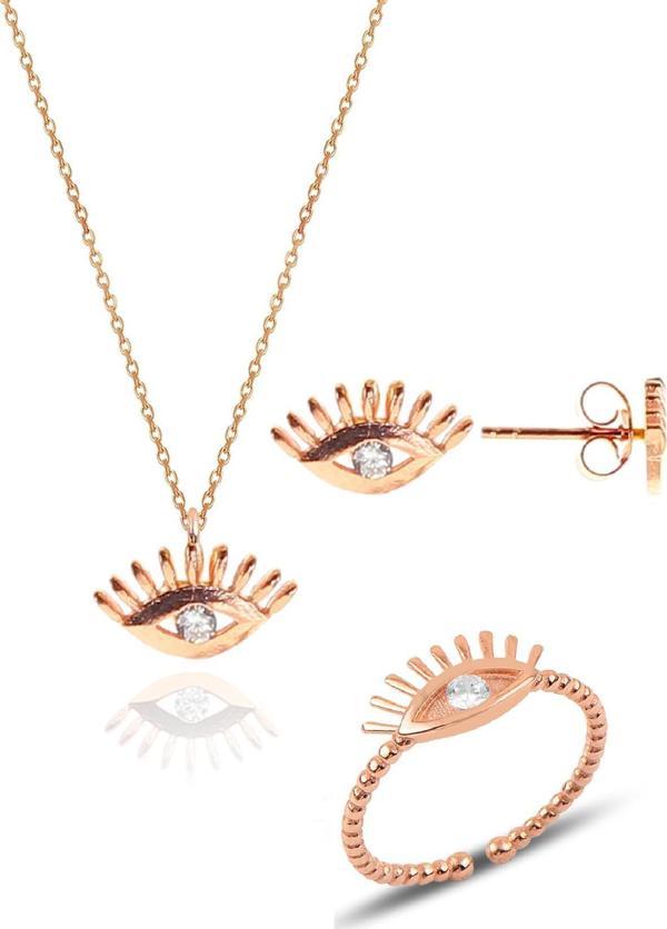 Gümüş rose zirkon taşlı kirpikli göz kolye, yüzük  ve küpe gümüş üçlü set [barcode] - Image 1