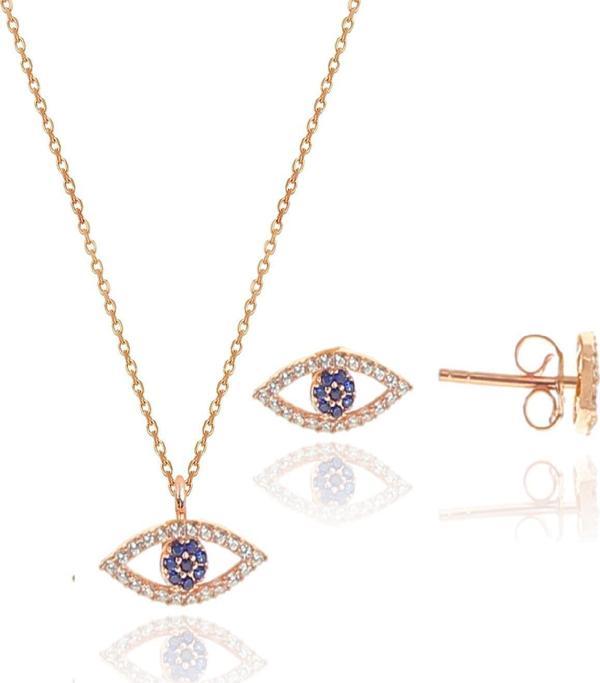Gümüş rose zirkon taşlı safir göz kolye ve küpe gümüş ikili set [barcode] - Image 1