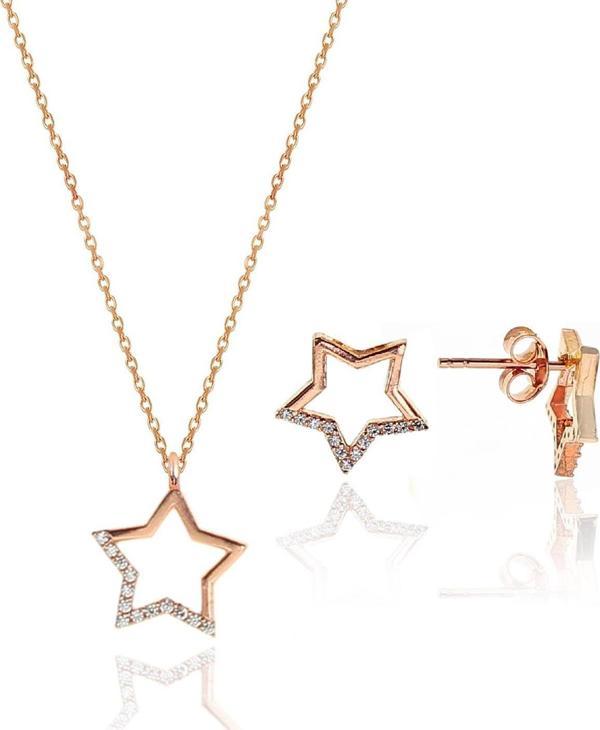 Gümüş rose zirkon taşlı yıldız kolye ve küpe gümüş ikili set [barcode] - Image 1