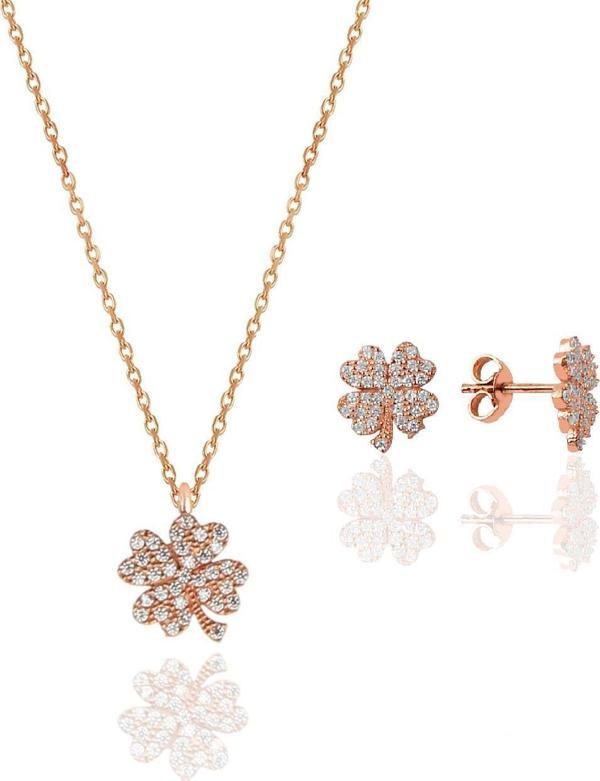 Gümüş rose zirkon taşlı yonca kolye ve küpe gümüş ikili set [barcode] - Image 1