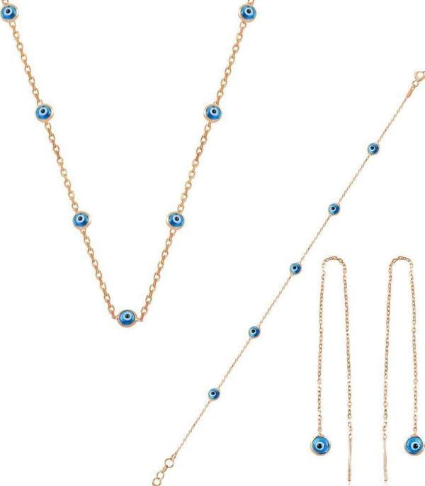 Gümüş rose,cam göz nazar kolye küpe ve bileklik  gümüş set [barcode] - Image 1