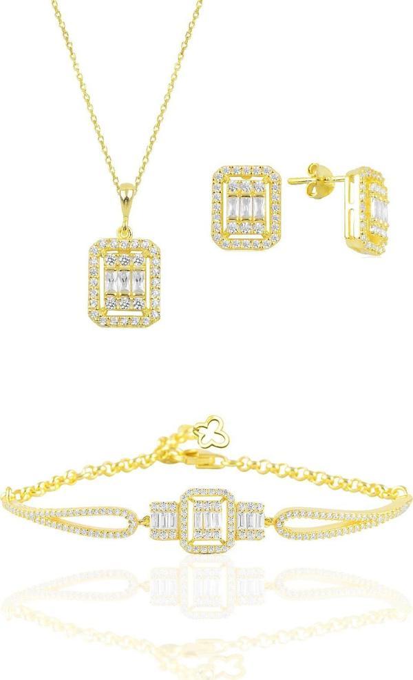 Gümüş altın yaldızlı baget taşlı kolye küpe ve bilezik  gümüş set [barcode] - Image 1