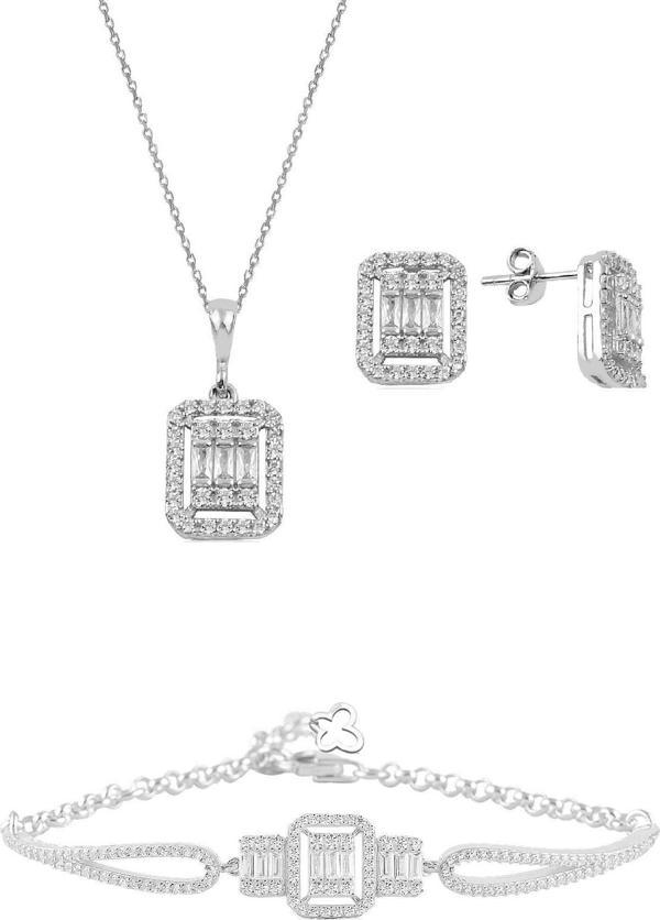 Gümüş rodyumlu baget taşlı  kolye küpe ve bilezik  gümüş set [barcode] - Image 1