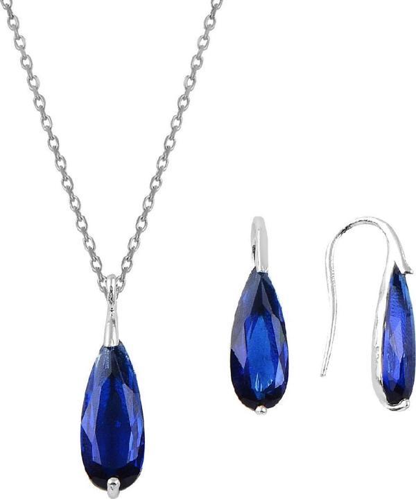 Gümüş rodyumlu lacivert taşlı damla kolye ve küpe ikili gümüş set [barcode] - Image 1