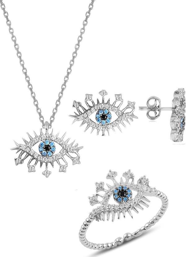 Gümüş rodyumlu zirkon taşlı lareyn kolye küpe ve yüzük gümüş set [barcode] - Image 1