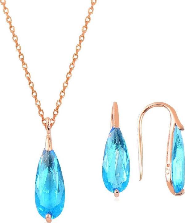 Gümüş rose  akuamarin taşlı damla kolye ve küpe ikili gümüş set [barcode] - Image 1