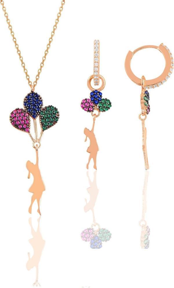 Gümüş rose balonlu kız kolye ve küpe gümüş set [barcode] - Image 1