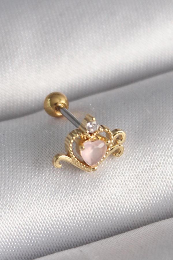 316L Çelik Gold Renk Pembe Mineli Kalp Zirkon Taş Detay Tragus Piercing - TJ-PR1260 - Image 1