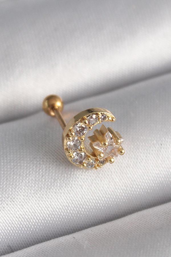 316L Çelik Gold Renk Zirkon Taşlı Ay Yıldız Tragus Piercing - TJ-PR1256 - Image 1