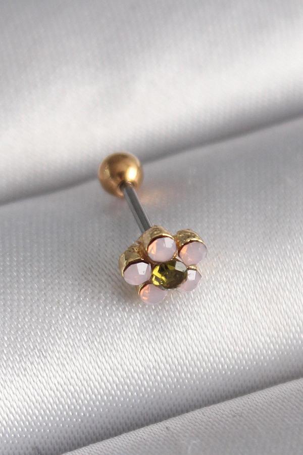 316L Çelik Gold Renk Zirkon Taşlı Çiçek Tragus Piercing - TJ-PR1276 - Image 1
