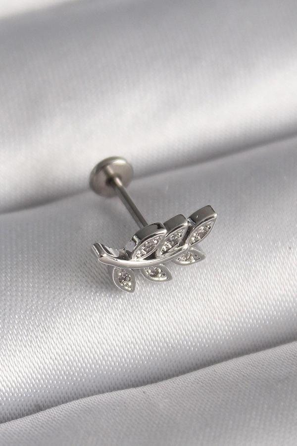 316L Çelik Gümüş Renk Dal Model Zirkon Taş Detaylı Tragus Piercing - TJ-PR1343 - Image 1