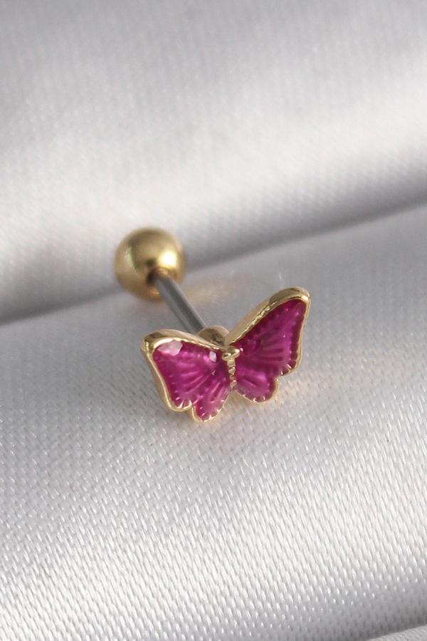 316L Çelik Gümüş Renk Pembe Kelebek Model Tragus Piercing - TJ-PR1286 - Image 1