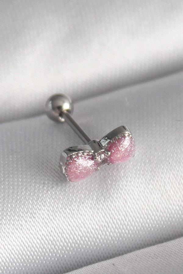 316L Çelik Gümüş Renk Pembe Kurdele Zirkon Taş Detay Tragus Piercing - TJ-PR1295 - Image 1