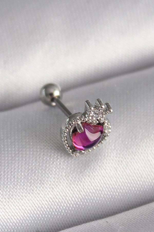 316L Çelik Gümüş Renk Pembe Mineli Kalp Zirkon Taş Detaylı Taç Tragus Piercing - TJ-PR1263 - Image 1
