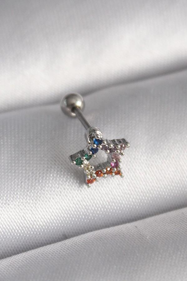 316L Çelik Gümüş Renk Renkli Zirkon Taşlı Yıldız Model Tragus Piercing - TJ-PR1355 - Image 1