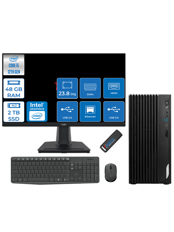 MSI Pro DP180 Intel Core I5 12400 48GB 2tb SSD Intel UHD Grafik 23.8" Monitör Windows 11 Home Masaüstü Bilgisayar MON23422XTRH14 + Zettausbbellek - Image 1