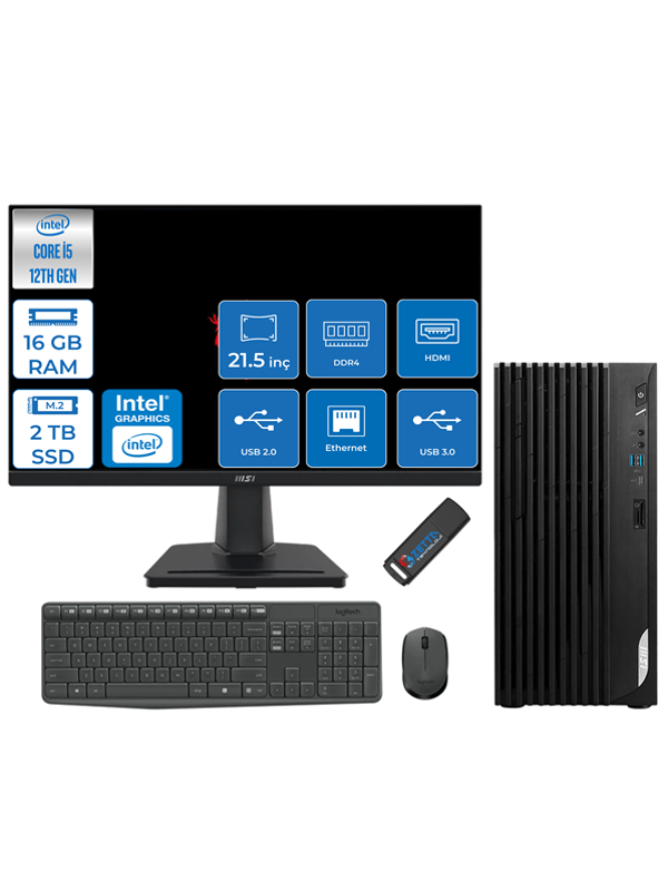MSI Pro DP180 Intel Core I5 12400 16GB 2tb SSD Intel UHD Grafik 21.5" Monitör Windows 11 Pro Masaüstü Bilgisayar MON21422XTRP02 + Zettausbbellek - Image 1
