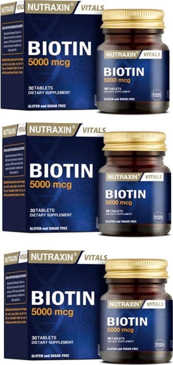 Nutraxin Saç Dökülmesine Karşı Biotin Içeren Takviye Edici Gıda 30 Tablet X3 Adet - Image 1