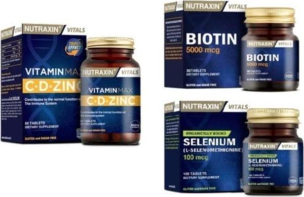 Nutraxin Vitamin Max ( C ,D , Zinc ) 60 Tablet + Selenium 100 Mcg 100 Tablet + Biotin 5000 Mcg 30 Tablet - Image 1