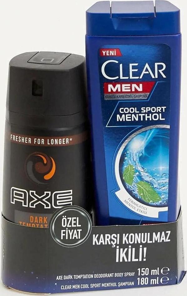 Axe Dark Temptation Deodorant Body Spray + Clear Men Cool Sport Menthol Şampuan - Image 1