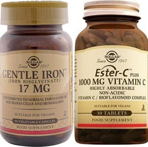 Solgar Gentle Iron 17 Mg 90 V-Kapsül+ Ester C Plus 1000 Mg 30 Tablet - Image 1