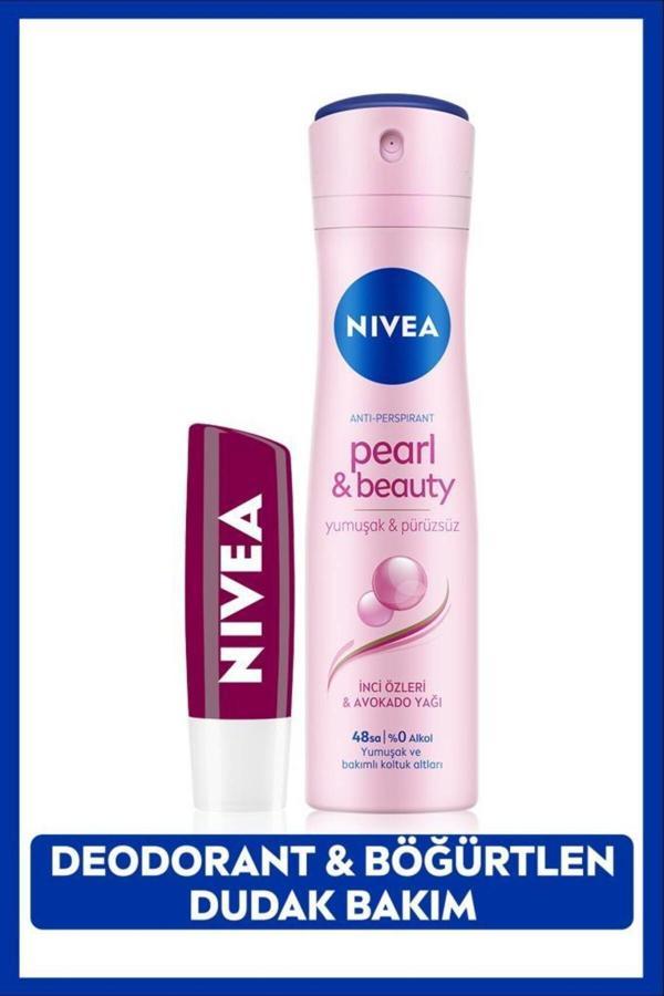 Nivea Kadın Sprey Deodorant Pearl&Beauty 150Ml, 48 Saat Koruma Ve Nemlendirici Böğürtlen Dudak Bakım Kremi - Image 1