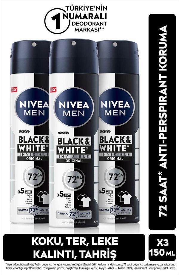Nivea Men Black&White Invisible Original Deodorant 150 Ml X 3 Adet - Image 1