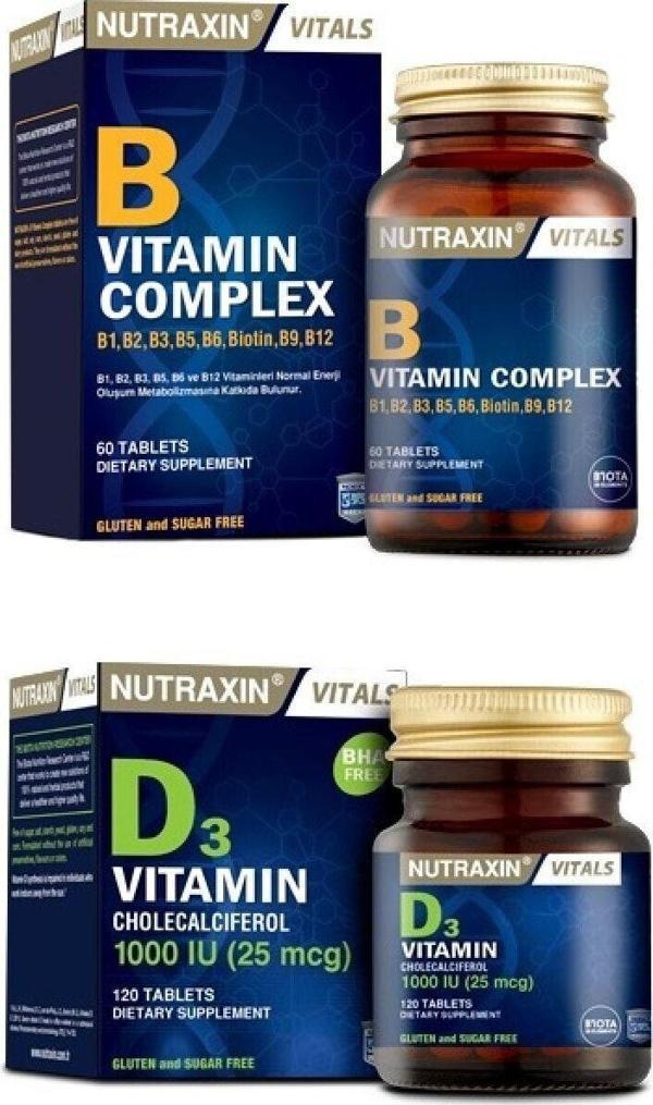 Nutraxin B1,B2,B3,B5,B6,Biotin,B9,B12 Içeren B Vitamini 60 Tablet+D3 Vitamini 120 Tablet - Image 1