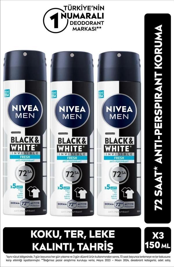 Nivea Men Erkek Sprey Deodorant Black&White Invisible Fresh 150Ml, 72 Saat Anti-Perspirant, X3 Adet - Image 1