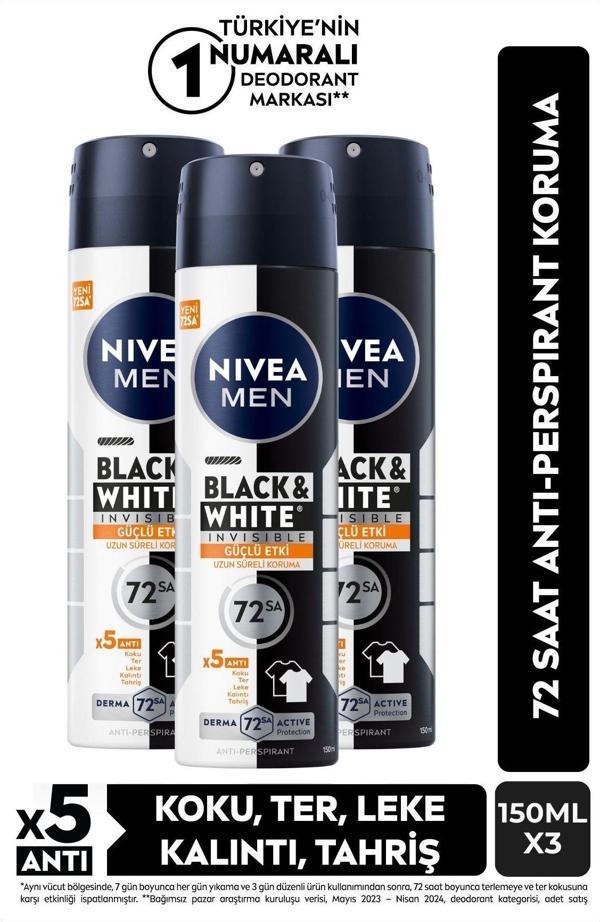 Nivea Men Erkek Sprey Deodorant Black&White Invisible Güçlü Etki 150Ml, 72 Saat Anti-Perspirant, X3 Adet - Image 1
