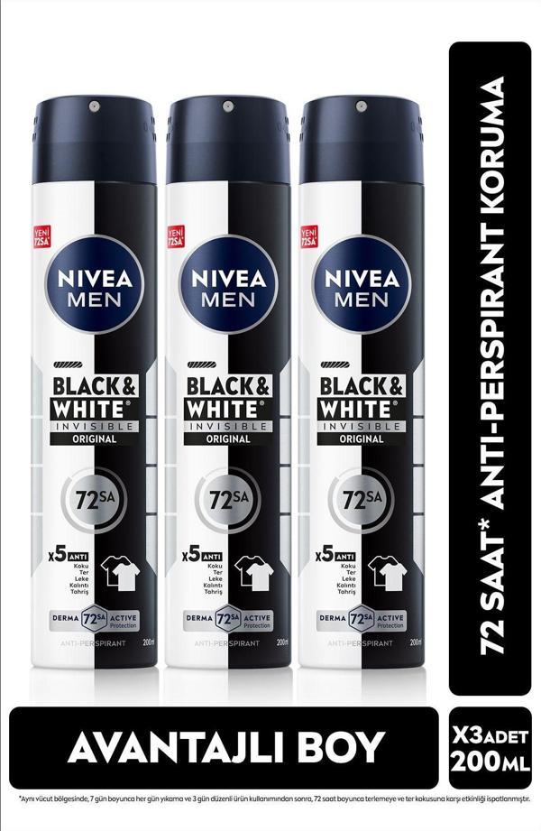 Nivea Men Erkek Sprey Deodorant Black&White Invisible Original 200Ml, 72 Saat Anti-Perspirant, X3 Adet - Image 1